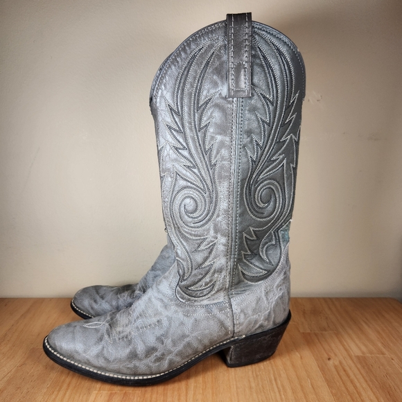ACME Men’s Cowboy Boots 7.5 D Gray Embroidered Leather Western USA - Picture 2 of 11